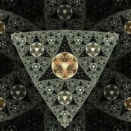 KALAYDO profile mark: a kaleidoscopic triangle of repeating geometric light in gold and grey