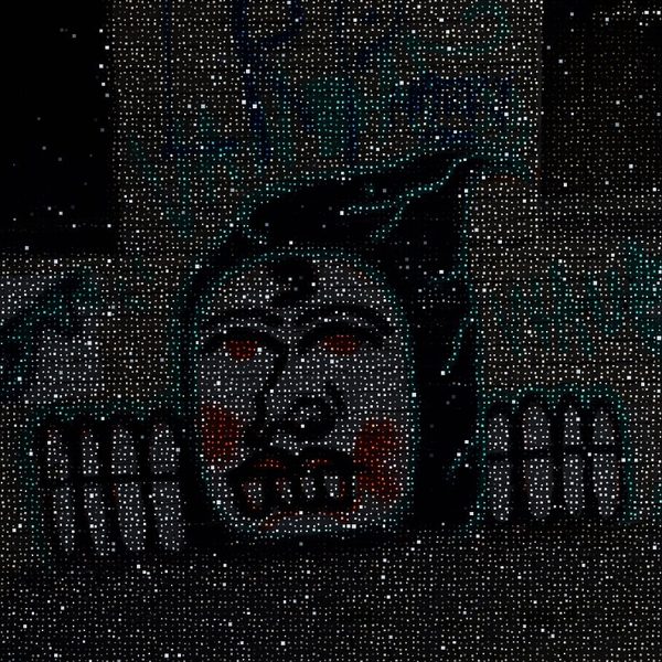 Cover for Peligro: glittering graffiti face behind a fence