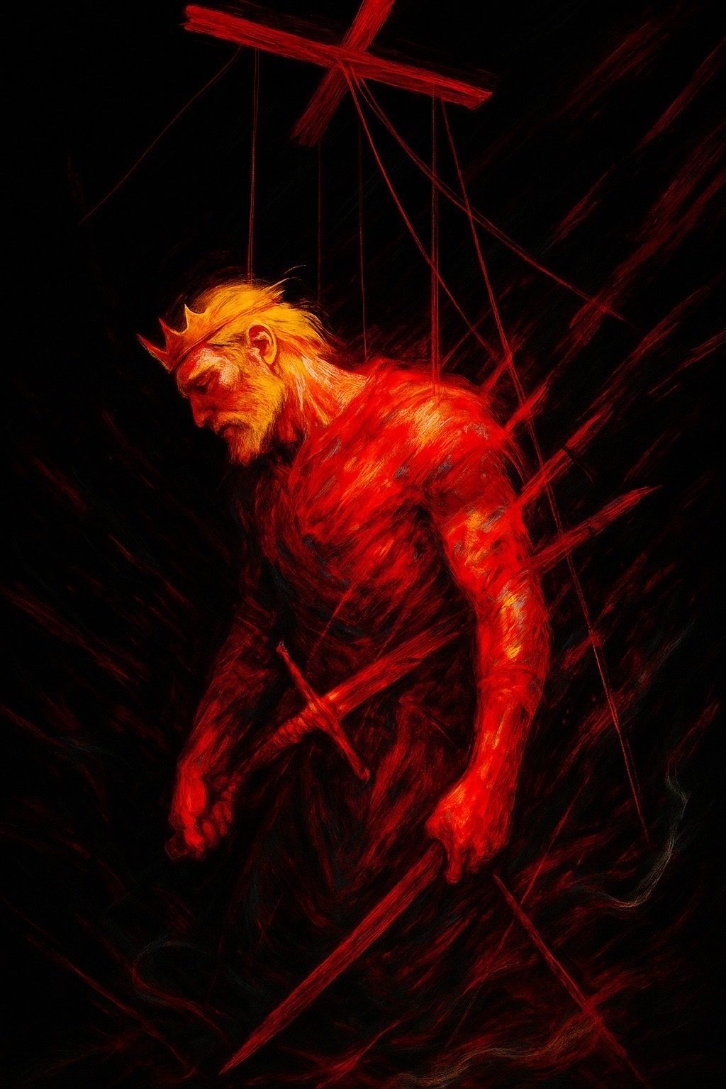 Macbeth as a marionette, his body rendered in burning red strokes against black, strings pulling from a cross bar above